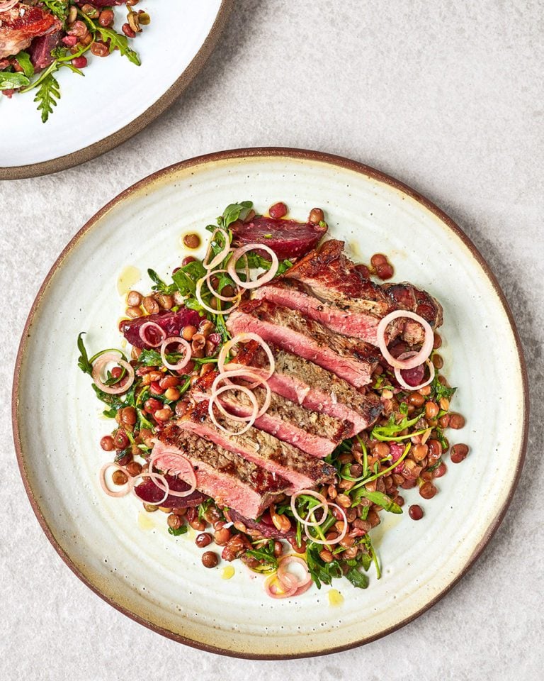 Steak with lentils, beetroot and pickled shallots