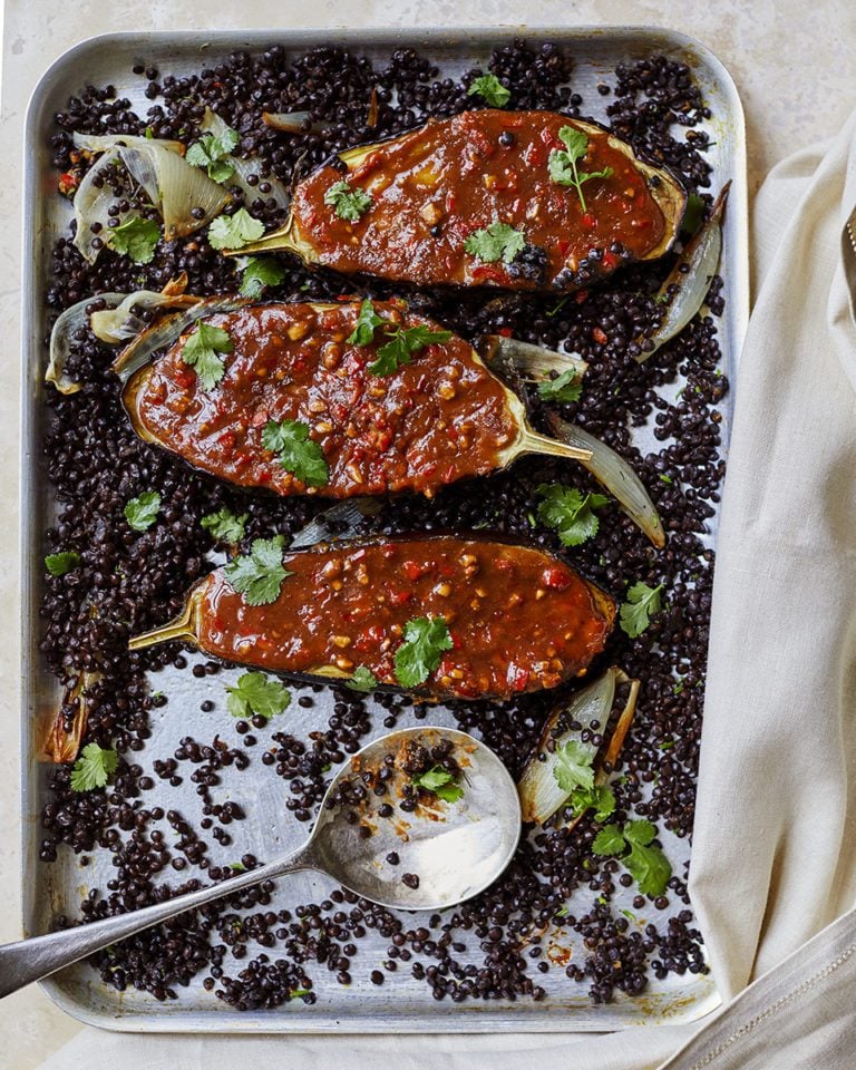 Sticky peanut butter aubergines and lentils