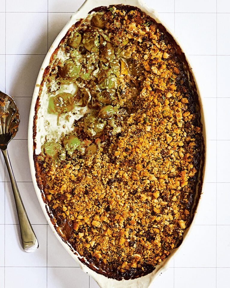 Sprout and anchovy gratin with porcini crumb