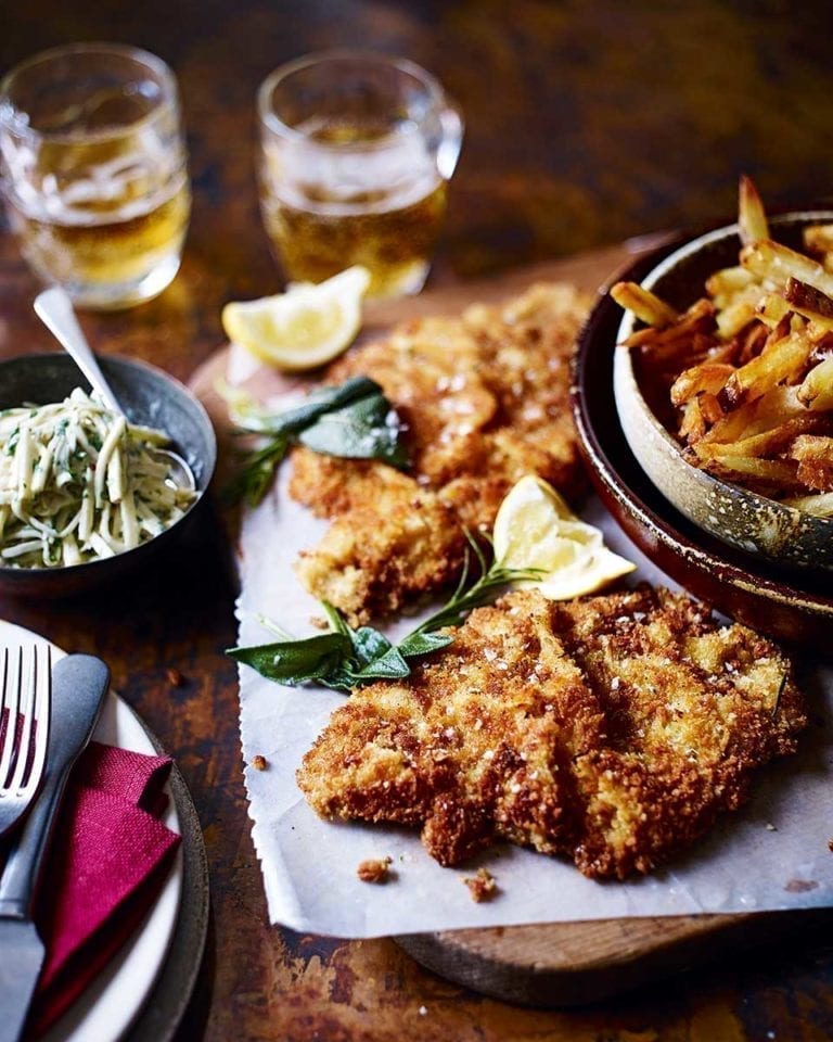 Veal schnitzel with herb butter and apple remoulade