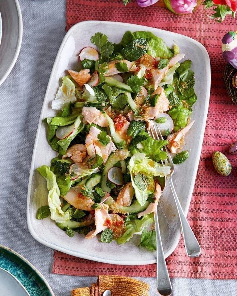 Home-smoked salmon with green herb lettuce salad