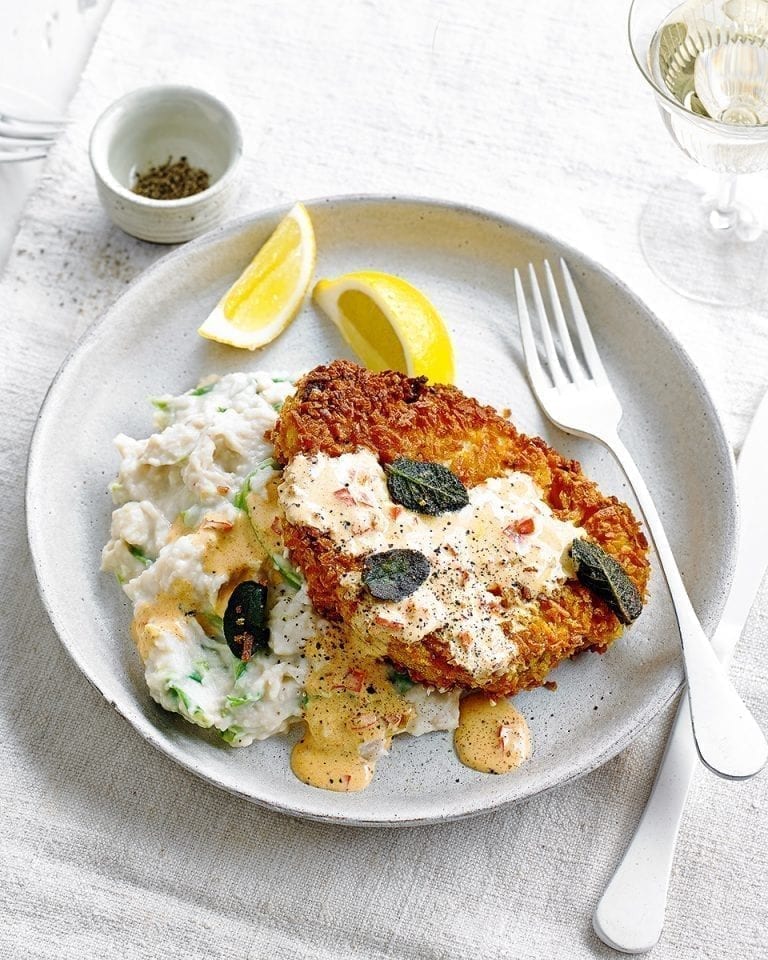 Cauliflower schnitzels with paprika and sage sauce and butter bean mash
