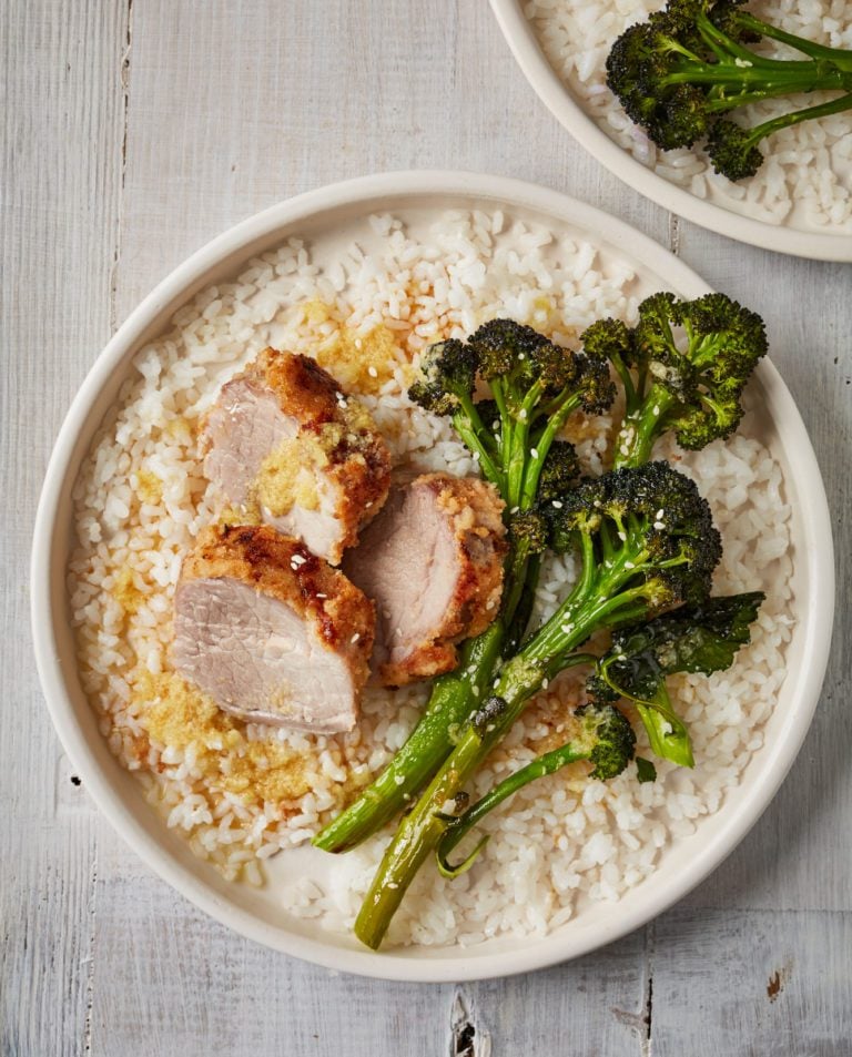 Miso-crusted pork with purple sprouting broccoli