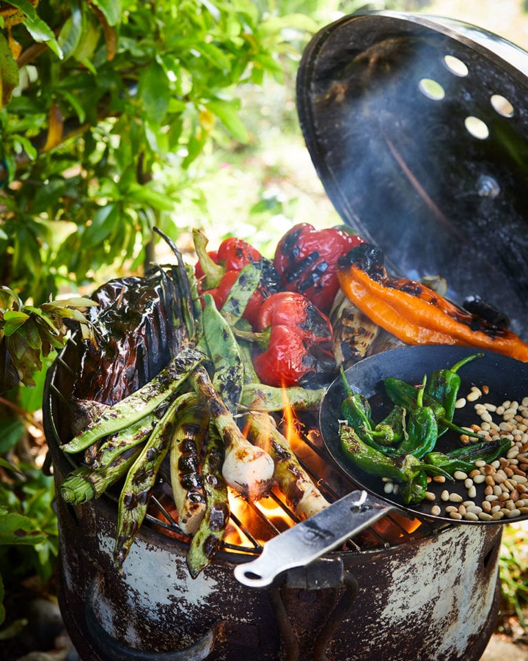 Barbecued vegetables with tahini dressing