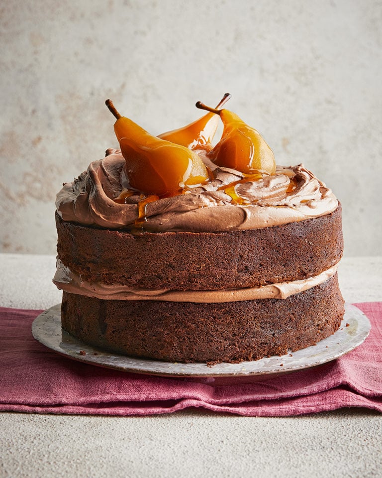 Chocolate cake with caramel poached pears and chocolate buttercream