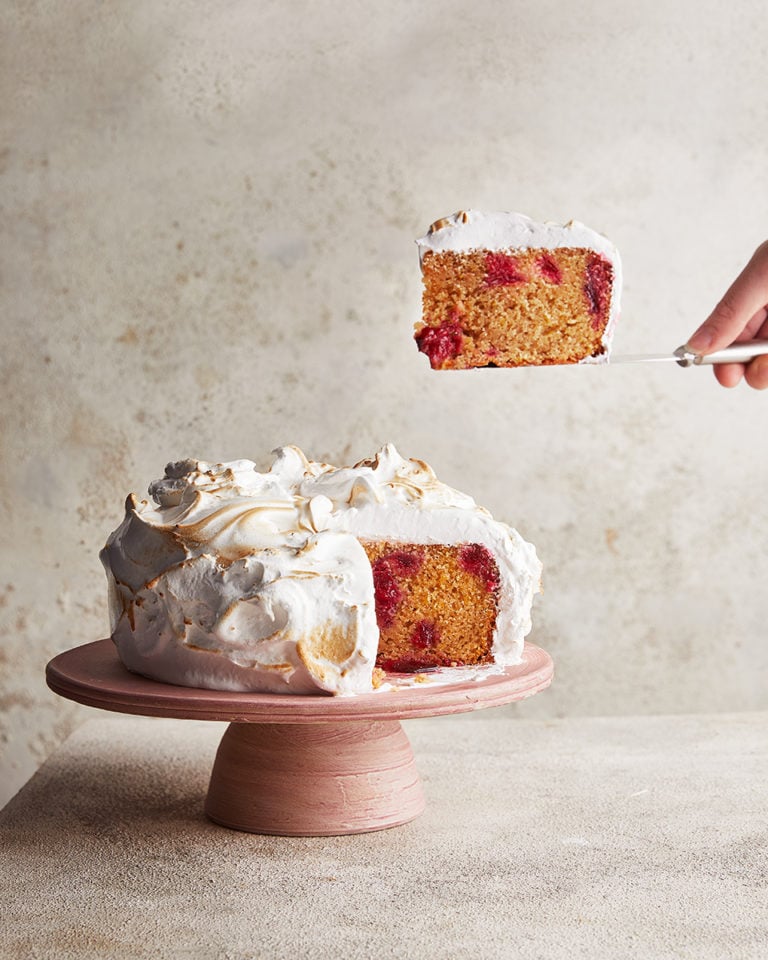 Spiced plum cake with swiss meringue frosting
