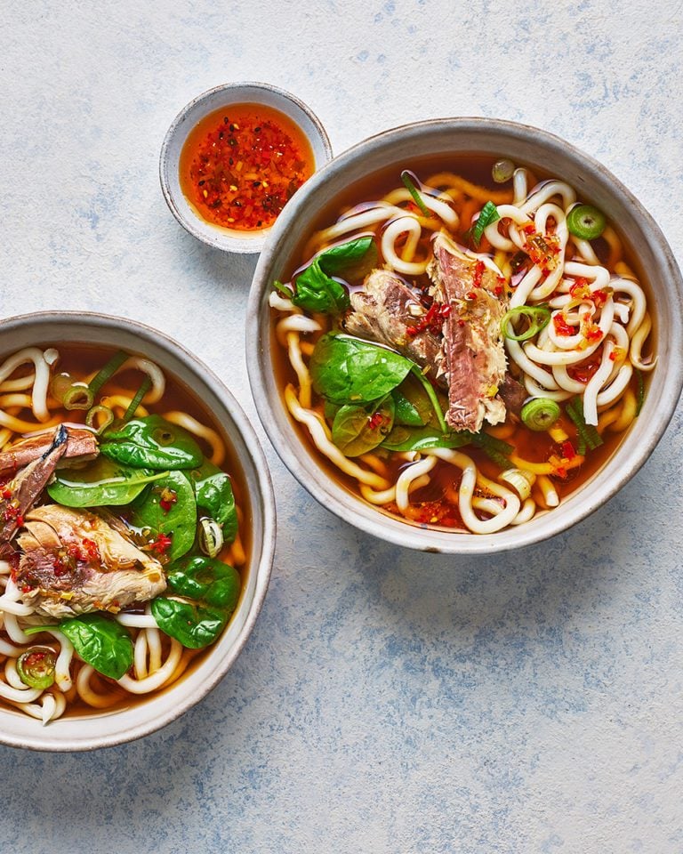 Mackerel and udon miso soup with crispy-chilli oil