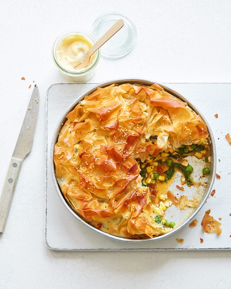 Feta, spinach, pea and sweetcorn pie