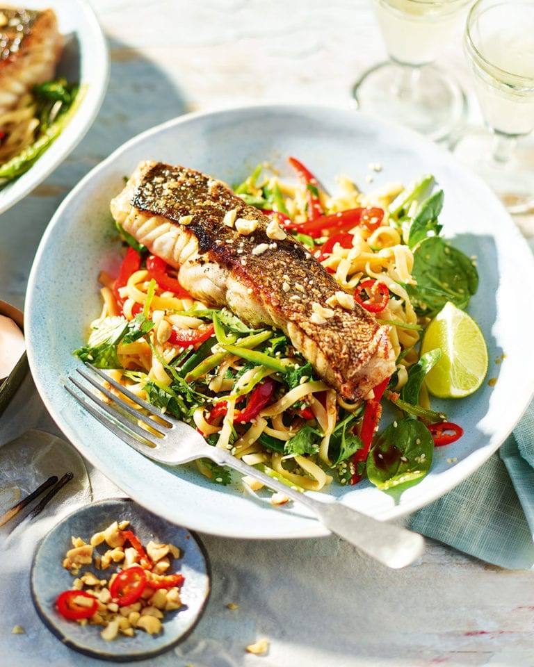 Crisp-skinned coley with Asian rice noodle salad