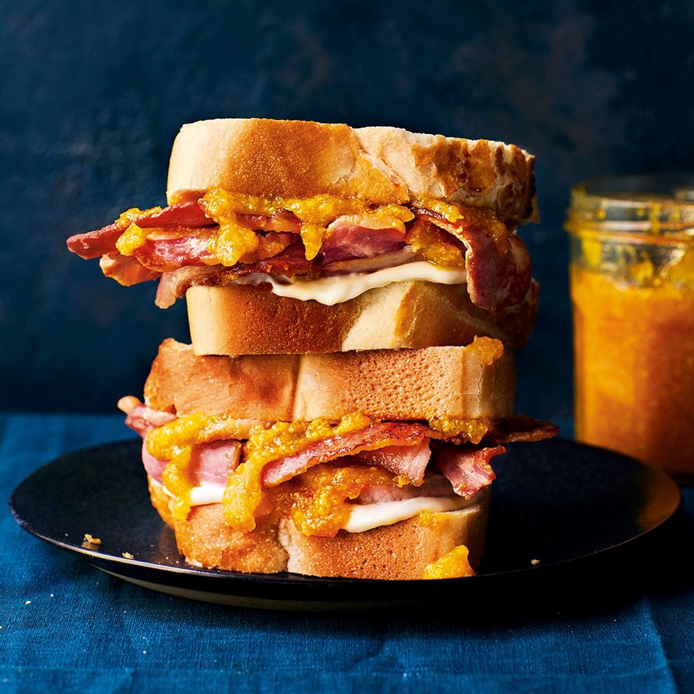 A bacon sandwich with thick-cut bread and orange clementine ketchup