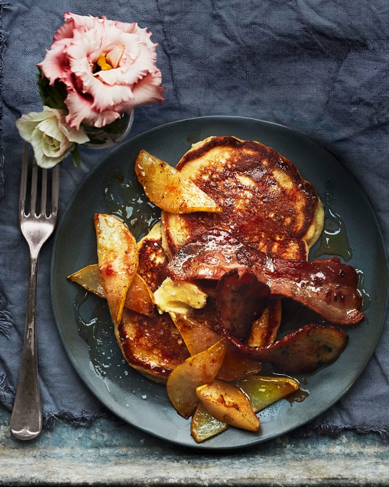 Ricotta pancakes with spiced pear and bacon butter