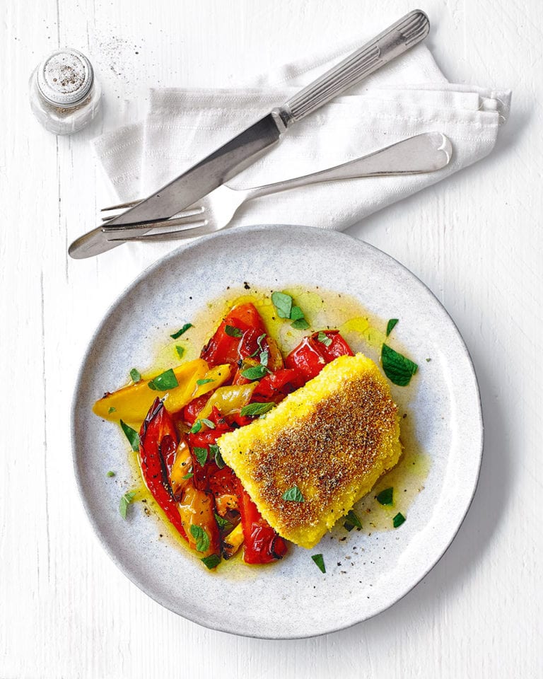 Polenta fish with roasted peppers and orange
