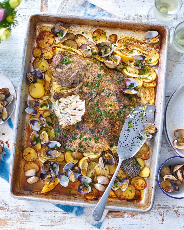 Tomos Parry’s whole roast turbot with clams, fennel and potatoes